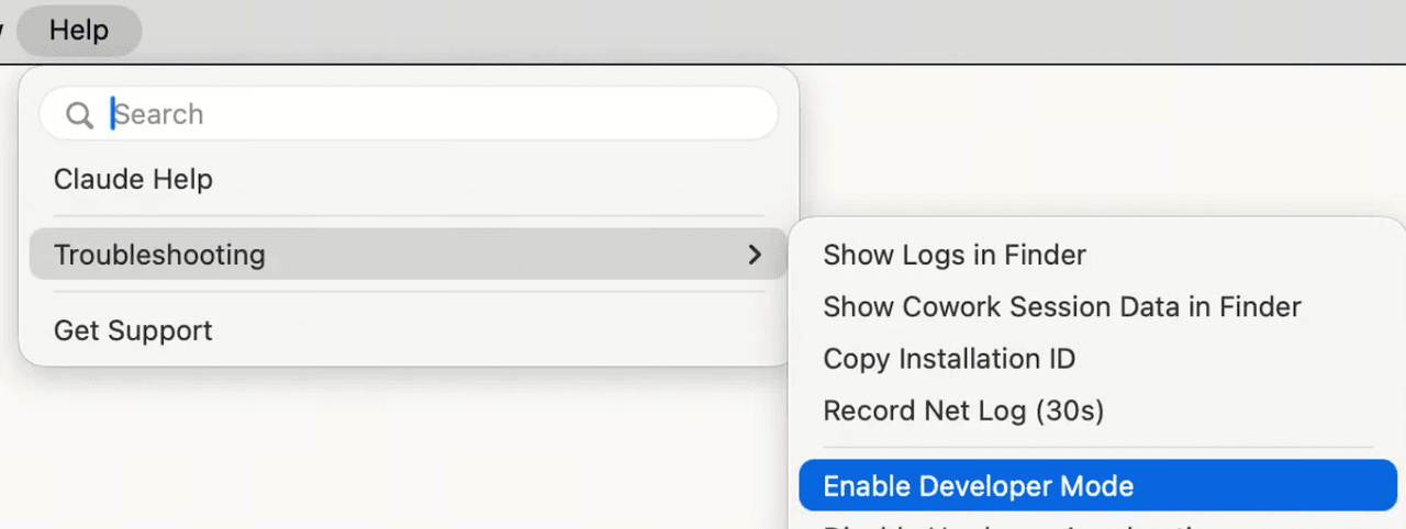 Screenshot showing the Enable Developer Mode menu item in Claude Desktop