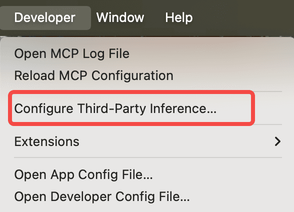 Screenshot showing the Configure Third-Party Inference menu item in Claude Desktop