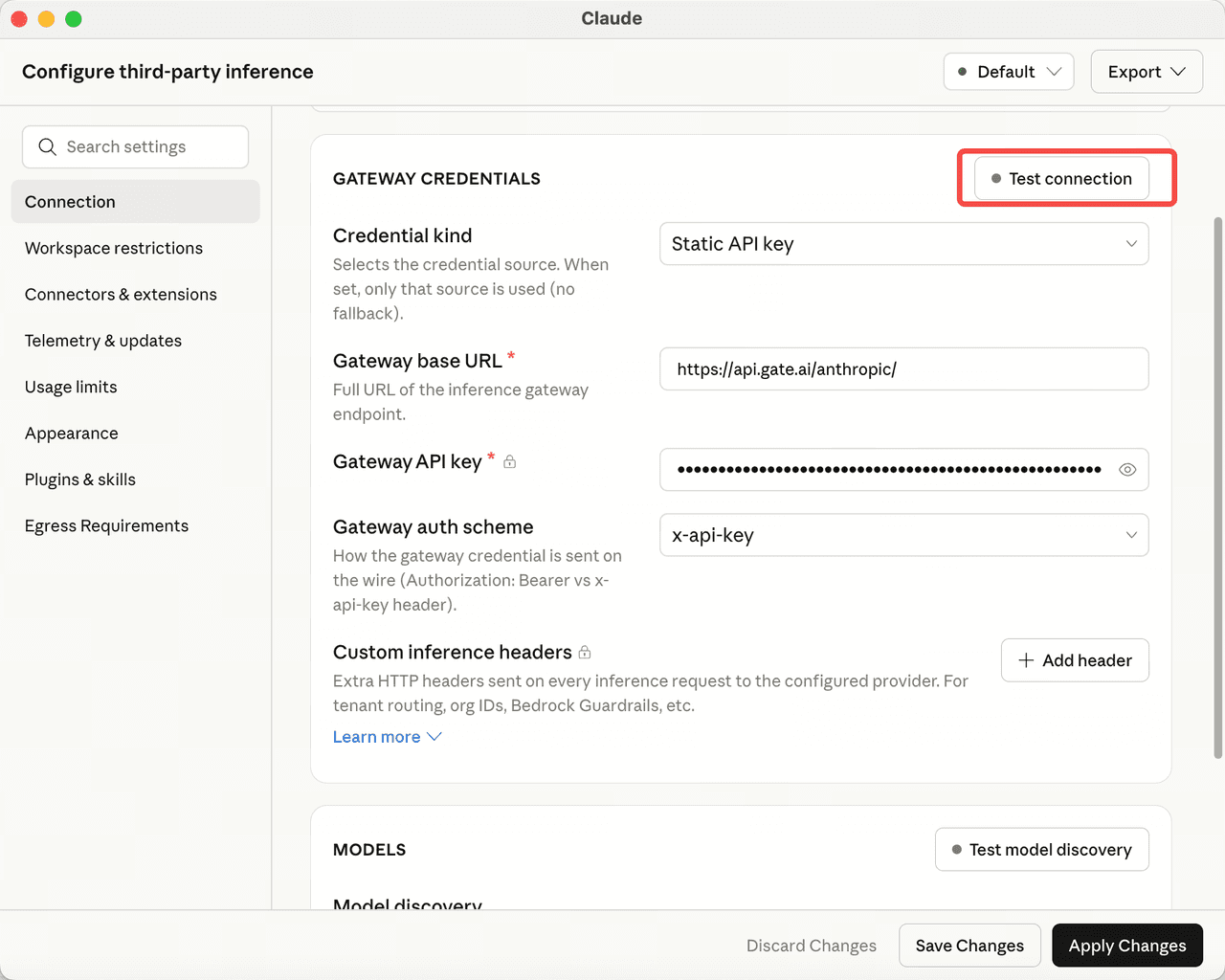 Screenshot of Gateway and Static API key configuration in Claude Desktop