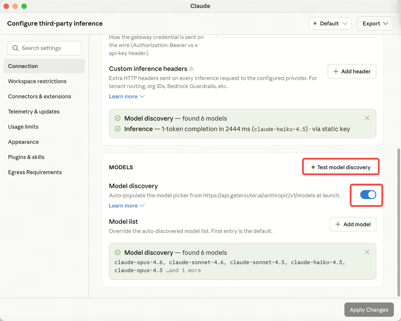 Screenshot of the Model discovery switch in Claude Desktop