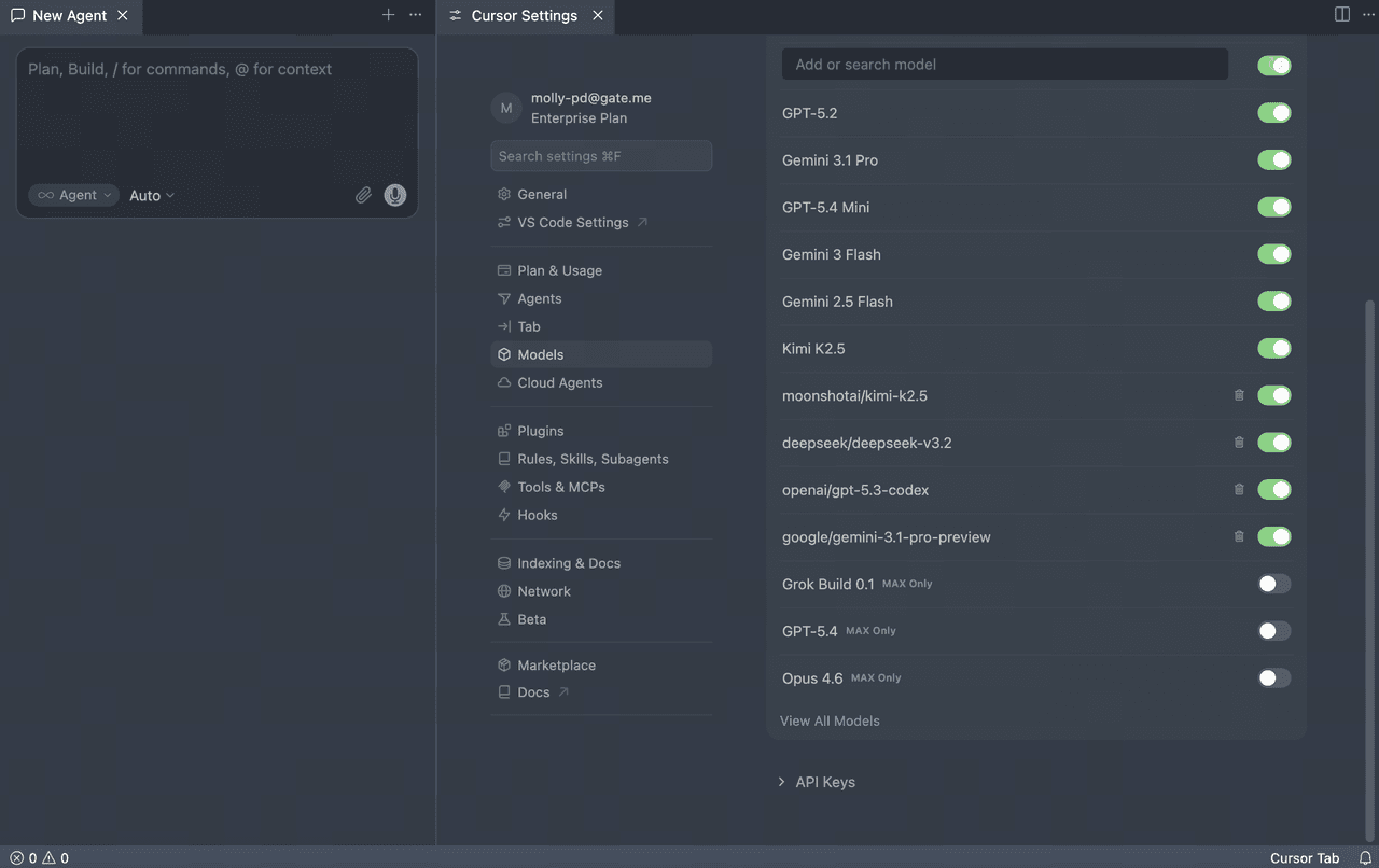 Screenshot of the Cursor Models settings menu