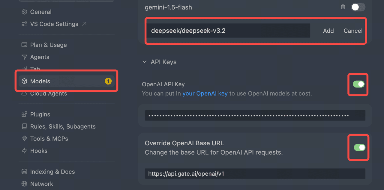 Screenshot of API Key and Base URL settings in Cursor